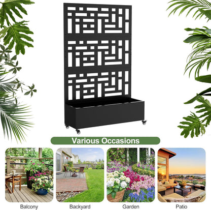 Metal Planter Box with Trellis, 71"x 47"x 16" Raised Garden Bed with Trellis & Wheels, Privacy Planters for Patio, Planter Box with Drainage Holes for Climbing Plants, Flower, Vegetable