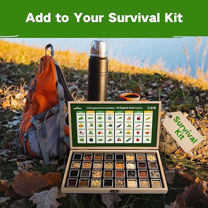 Lush&Dew Companion Plants Heirloom Seed Bank, Gardening Gifts for Women & Men, 32 Varieties 30,000+ Non-GMO Vegetable Seeds for Planting in Garden Bed Greenhouse, Survival Seed Kit for Food Supply