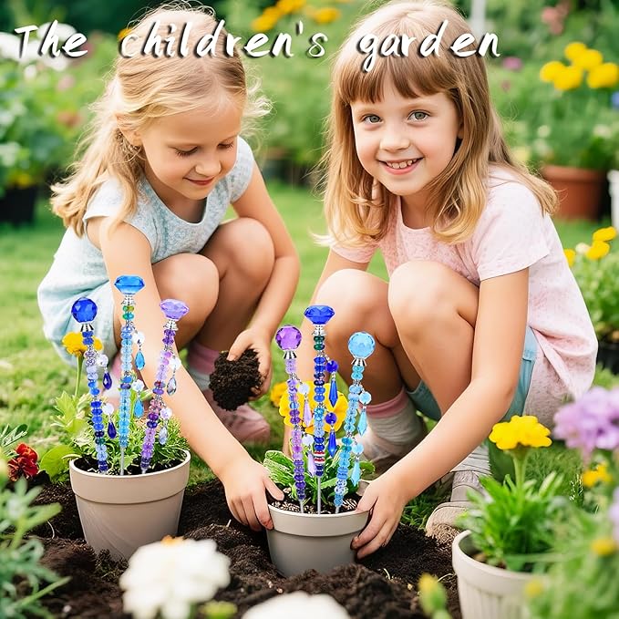 DIY Fairy Wand Garden Stakes Kit, Crystal Beaded Decorative Wands Set, Outdoor Garden Decoration with Assembly Guide (Purple+Aqua+Blue 208 Pcs)