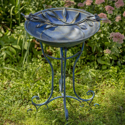 Zaer Ltd. Deep Well Made Metal Birdbath with 2 Cast Iron Birds and Leaf Decoration (Frosted Blue)