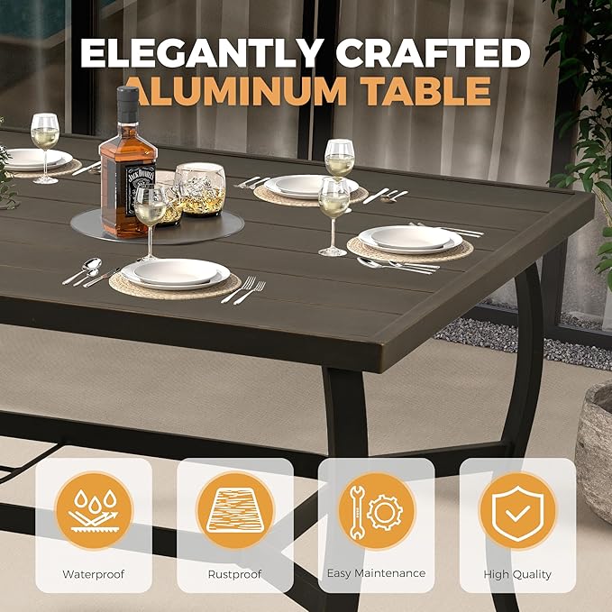HAPPATIO 7 Piece Patio Swivel Dining Set, Aluminum Outdoor Dining Set for 6,Dining Table and Chairs Set, Patio Dining Furniture with Aluminum Table, Swivel Chairs and Washable Cushions (Black)