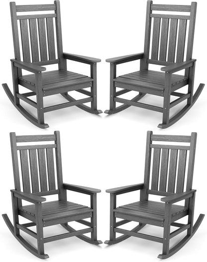 SERWALL Oversized Outdoor Rocking Chair Set of 4, HDPE Rocker for Adults, Patio Rocking Chairs for Porch, Grey