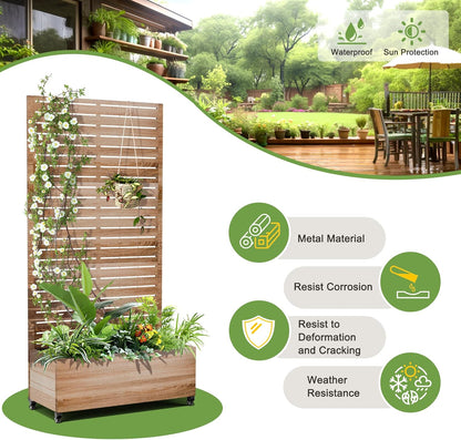 FENCY Metal Raised Garden Bed with Wheels and Trellis,73"x35"x16" Planter Box for Climbing Plants, Vegetables & Vines, Features Privacy Screen and Drainage Holes (Natural Wood Color)