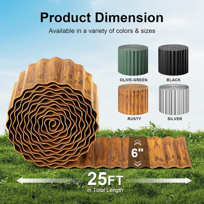 Land Guard Corrugated Garden Edging Border, 6"×25' Landscape Paver Edging, Tall Landscape Edging, Fence for Garden, Flower Bed, Lawn and Landscape Edging (Rusty)