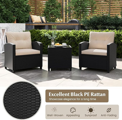 RELAX4LIFE 3-Piece Patio Furniture - Wicker Rattan Bistro Sofa Set w/Glass Top Coffee Table, Washable Cushions for Porch Balcony Backyard Poolside, Outdoor Conversation Set (Beige)