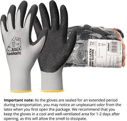 toolant Crinkle Latex Work Gloves Bulk, Rubber Coated Safety Work Gloves for Men and Women, 12 Pairs for Construction, Gardening, Warehouse (Gray, XL)