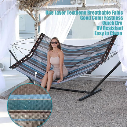 TegerDeger 12FT 2 Person Hammock Large Hammock Quick Dry 450LB Capacity with V Shaped Hardwood Spreader Bar & Nylon Rope for Outside, Patio, Garden, Backyard, Beach, Poolside - Brown Stripes
