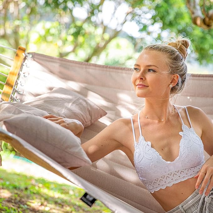 SUNCREAT Hammocks Patio Hammock with Stand, 2 Person Heavy Duty Curved Hammock with 13.5 ft Wooden Stand, Tan