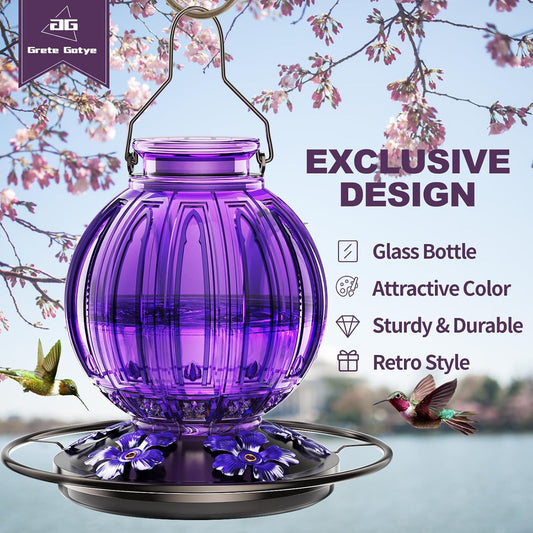 2 Pack Glass Hummingbird Feeder for Outdoors Hanging, Bird Nectar Feeder with Perch & 5 Flower Feeding Ports, 26 Oz Leak Proof for Outside Garden Decor Backyard, Gifts for Women Mom, Purple