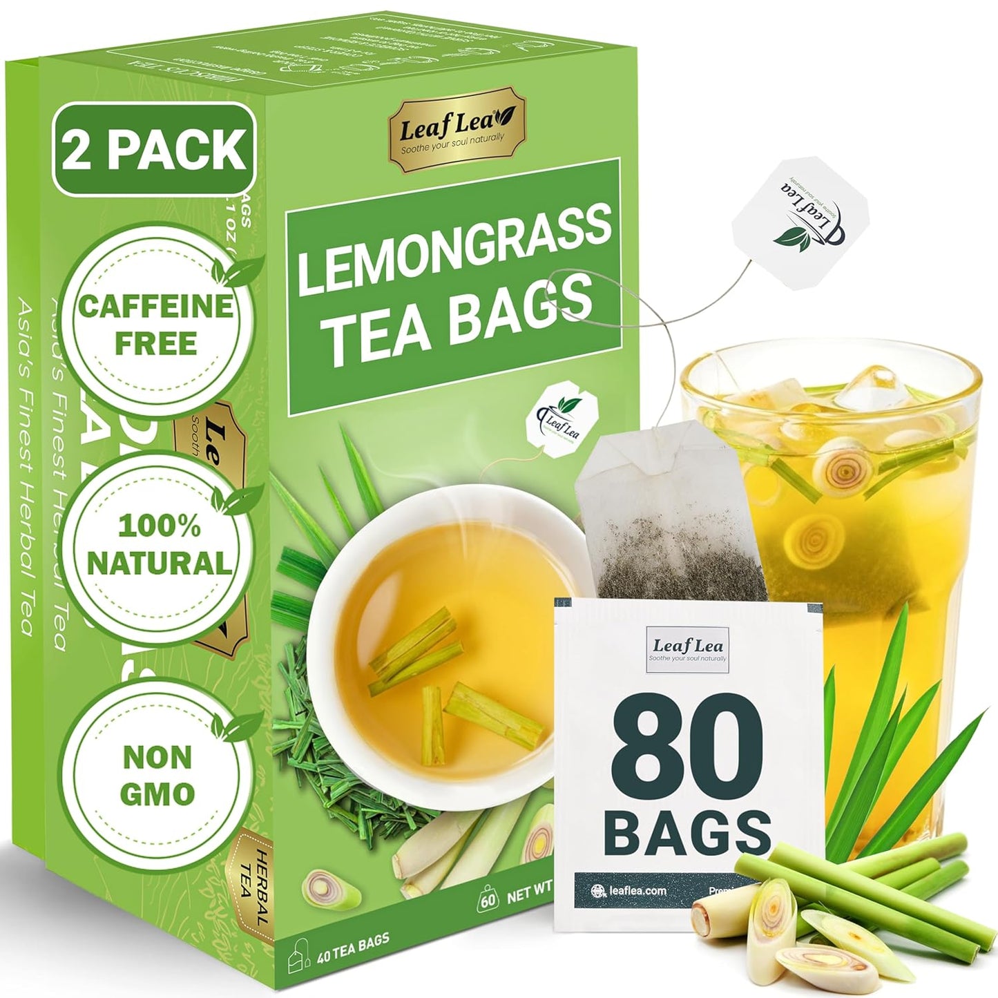LeafLea 80 Premium Lemongrass Tea Bags, Natural Herbal Lemongrass Leaves, Te de Limoncillo for Digestion Support, Light & Soothing Taste, Caffeine-Free, Sugar-Free, Vegan, Individually Wrapped