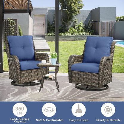 Outdoor Furniture Sectional Sofa L Shaped Couch - Patio Wicker Set with 2 Swivel Glider Chairs, 8 Piece Rattan Patio Conversation Sets with Blue Cushion for Deck Backyard Sunroom