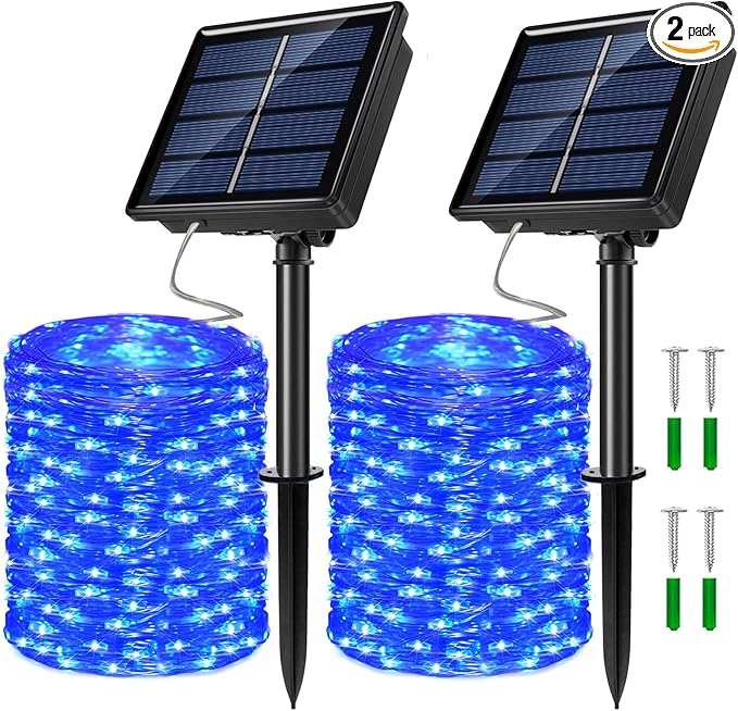 2 Pack Solar Powered Fairy String Lights Outdoor Waterproof 8 Modes Twinkle Christmas Decorations Lights, Each 33ft-100LED, 40ft-120LED, 66ft-200LED, 80ft-240LED, (Blue, 33)