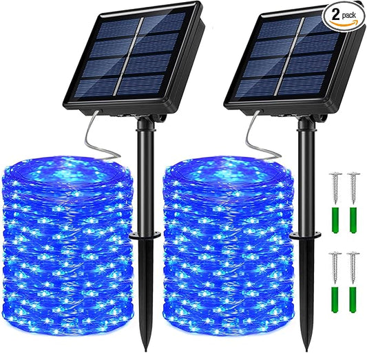 2 Pack Solar Powered Fairy String Lights Outdoor Waterproof 8 Modes Twinkle Christmas Decorations Lights, Each 33ft-100LED, 40ft-120LED, 66ft-200LED, 80ft-240LED, (Blue, 33)