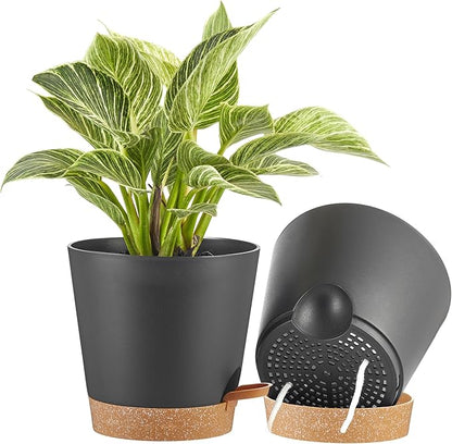 FaithLand 2-Pack 8 Inch Planter Pots for Indoor Outdoor Plants, Self Watering Flower Pots with Deep Reservoir, Black with Terracotta …
