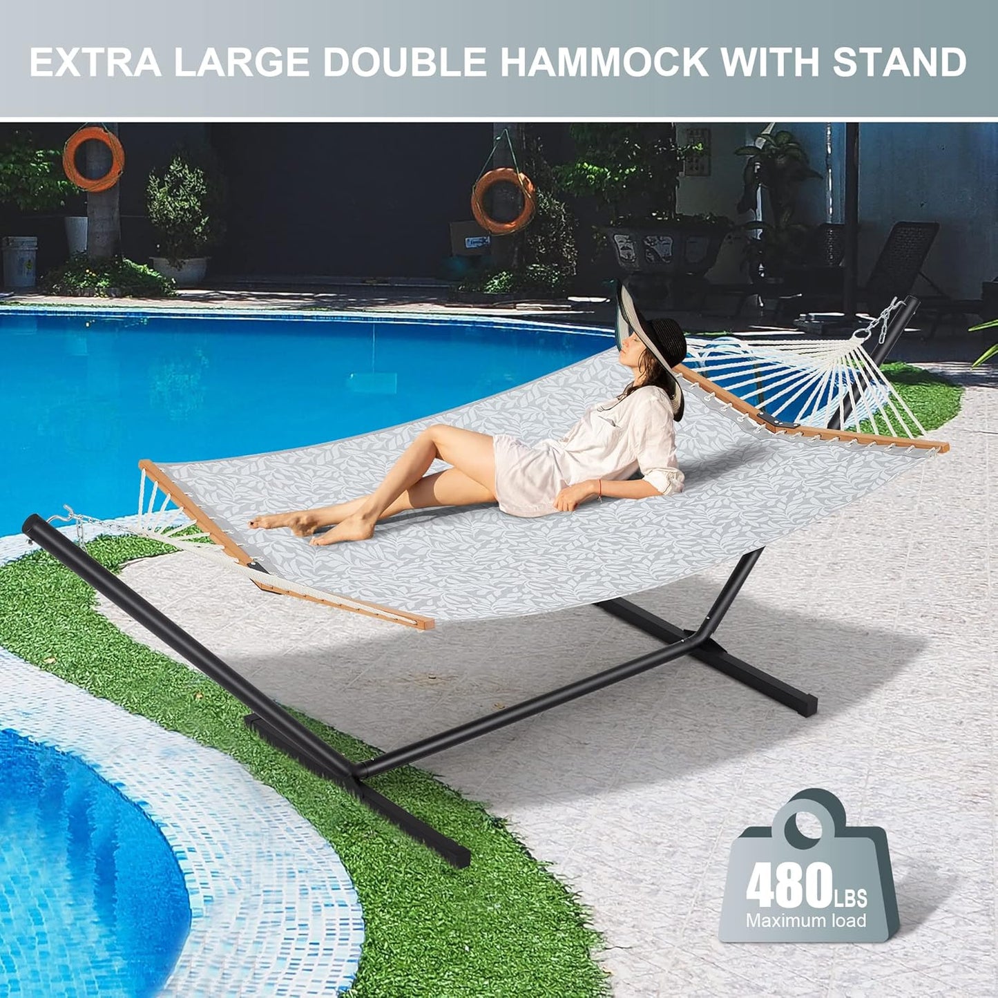 Two Person Hammock with Stand Heavy Duty, Outdoor Patio Hammock with Portable Steel Stand, Large Double Hammocks with Quick Dry Textilene Fabric,480lbs Capacity.(Grey White)