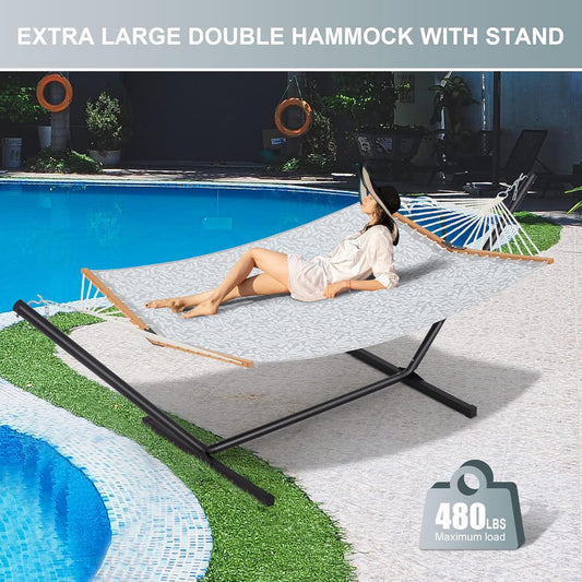 Two Person Hammock with Stand Heavy Duty, Outdoor Patio Hammock with Portable Steel Stand, Large Double Hammocks with Quick Dry Textilene Fabric,480lbs Capacity.(Grey White)