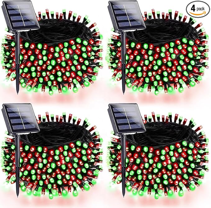 4 Pack 180FT Solar Christmas Lights Outdoor Waterproof, Super Bright 320 LED Solar String Lights with 8 Lighting Modes, Green Wire Twinkle Tree Light for Outside Xmas Party Decorations (Red and Green)