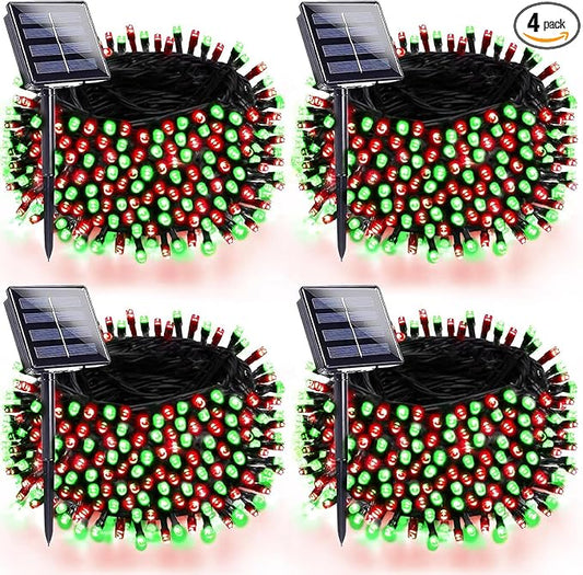 4 Pack 180FT Solar Christmas Lights Outdoor Waterproof, Super Bright 320 LED Solar String Lights with 8 Lighting Modes, Green Wire Twinkle Tree Light for Outside Xmas Party Decorations (Red and Green)