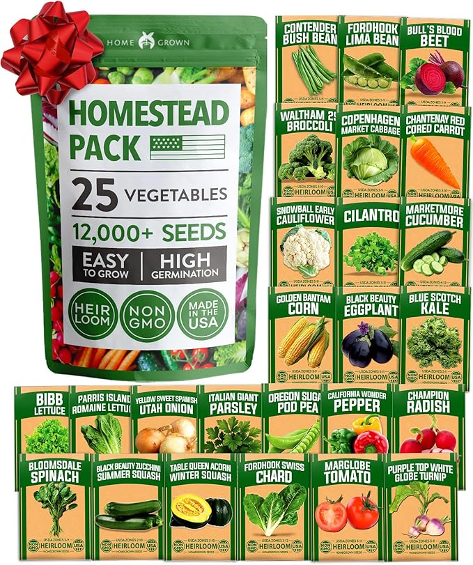 HOME GROWN 𝗨𝗦𝗔 𝗣𝗥𝗘𝗠𝗜𝗨𝗠 25 Heirloom Vegetable Seeds Kit - 12,000+ NON-GMO Seeds for Planting Vegetables, Survival Garden Seed Vault, Tomatoes Carrots Beans Kale Peppers, Indoor Outdoor Garden