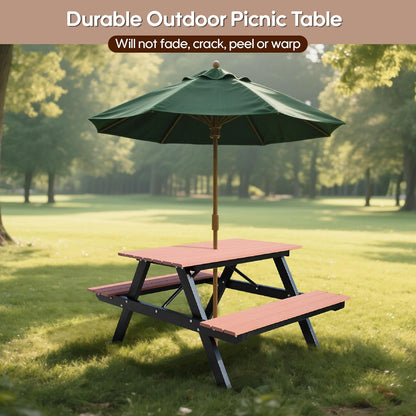 6FT Outdoor Picnic Table and Bench Set with 2" Umbrella Hole, WPC Tabletop Seattop Patio Dining Set for 6 People, Outdoor Dining Table and Chair for Park Garden Yard Patio- Brown