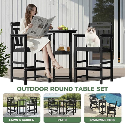 HDPE Outdoor Patio Bar Set with Bar Height Table and 2 Adirondack Chairs, All-Weather High Top Outside Round Pub Furniture for Bistro, Garden, Backyard, Deck | 3-Pieces, Matte Black