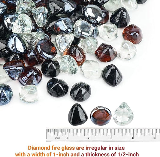 Skyflame 10-Pound Blended Fire Glass Diamonds for Fire Pit Fireplace Landscaping, 1/2 Inch Onyx Black, Crystal Ice, Amber Luster