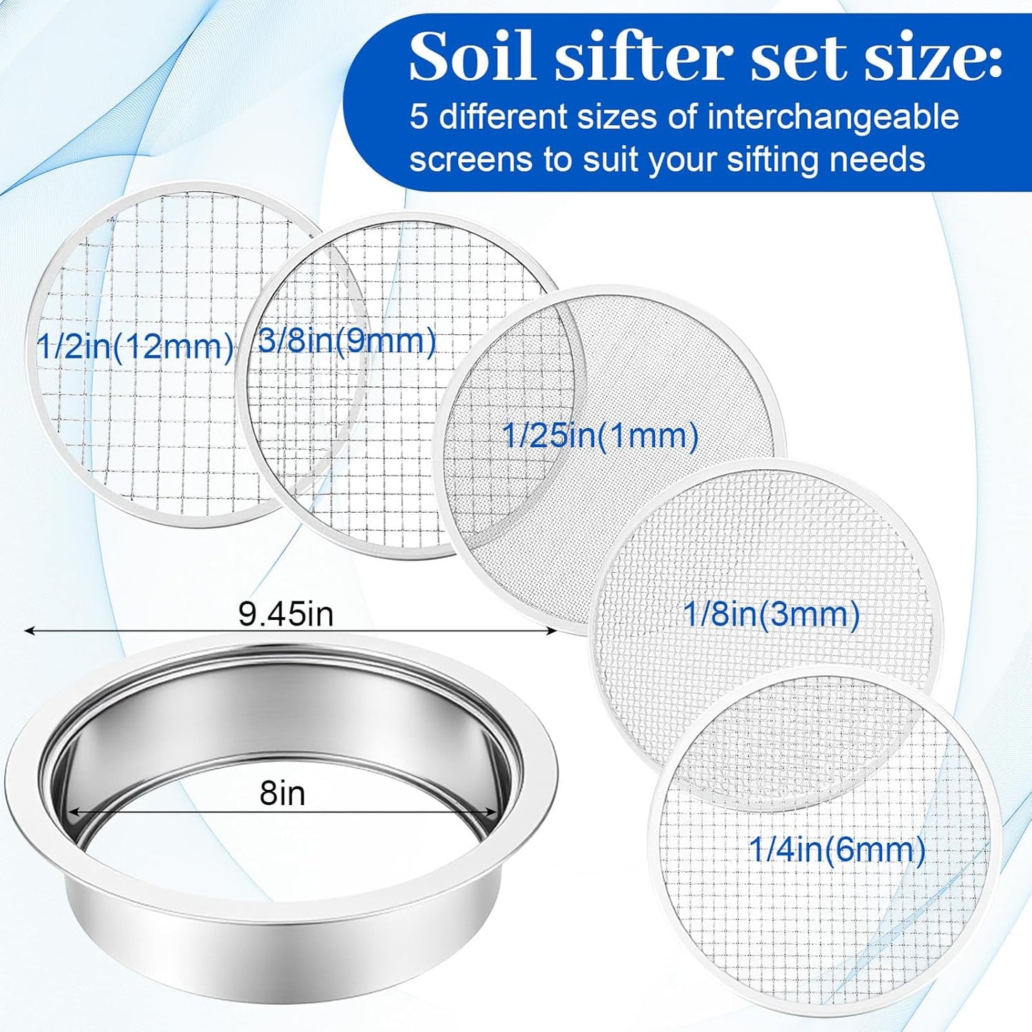 Multi-Purpose Soil Sifter for Gardening Stainless Steel 9.44”, 5 Pcs Stainless Steel Soil Sieve Mesh (1,3,6,9,12mm), Stackable Sifting Screen Pan for Bonsai Sand Rock Dirt Compost Sifter