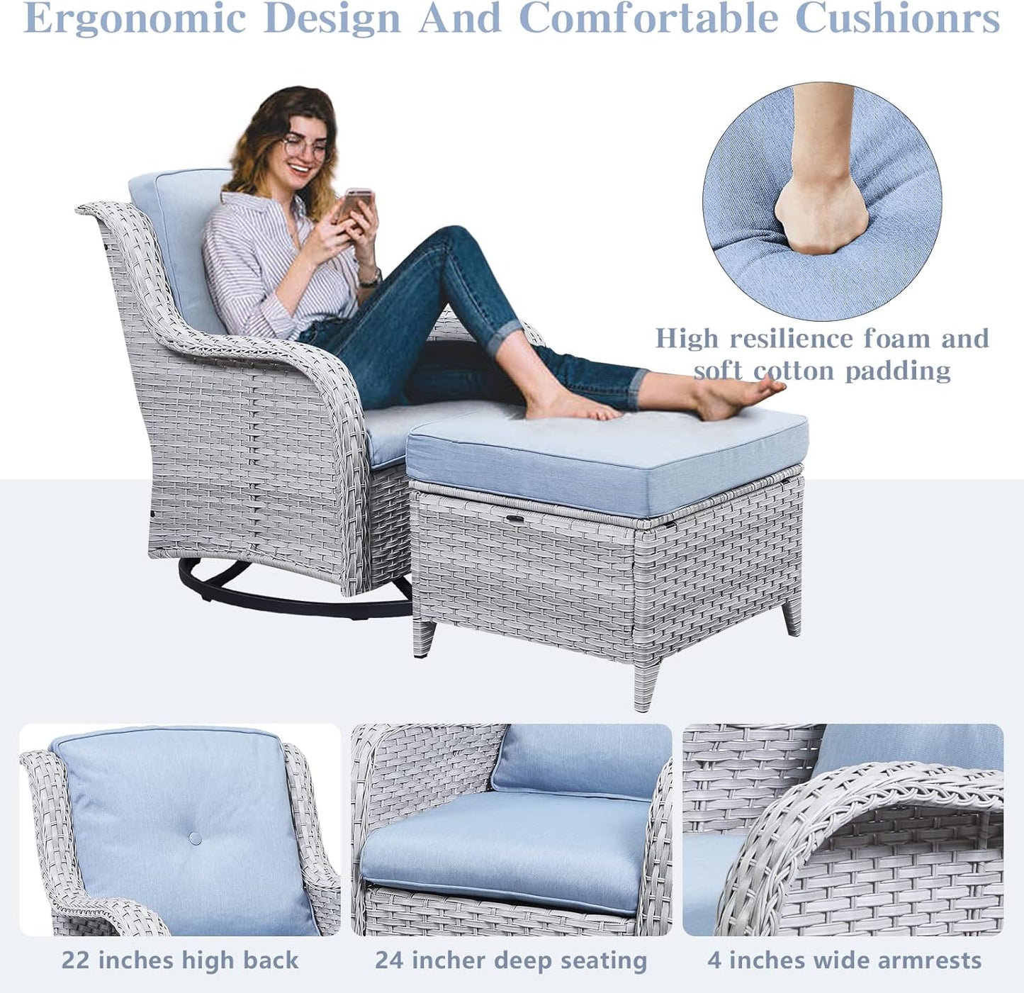 Wicker Outdoor Furniture Patio Furniture Set - 6 Piece Patio Conversation Set with Swivel Rocker Chairs, Rattan Sofa, Ottomans and Coffee Table, Baby Blue Cushion