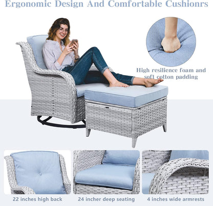 Wicker Outdoor Furniture Patio Furniture Set - 6 Piece Patio Conversation Set with Swivel Rocker Chairs, Loveseat Sofa, Ottomans and Coffee Table, Baby Blue Cushion