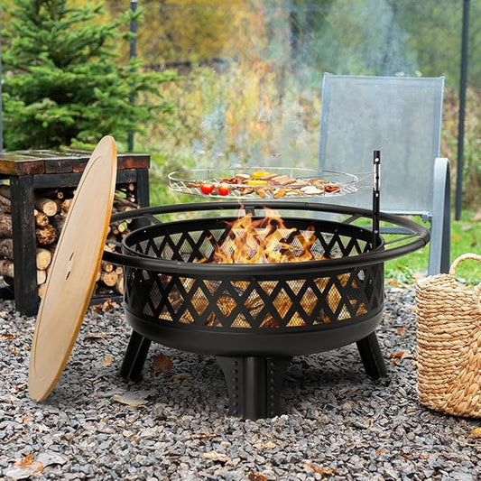 38 Inch Wood Burning Fire Pit for Outside, Round Firepit with Grill & Metal Lid, Metal Outdoor Fire Pit Table for Patio Backyard Garden Bonfire Party