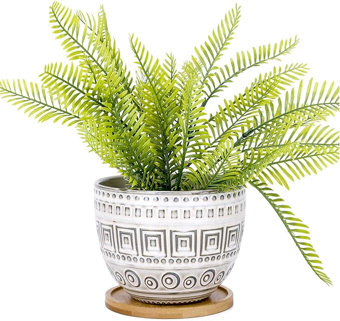 VanEnjoy 5.5 inch Large Round Bohemian Style Ceramic Planter, Geometry Engrave Off White Brown Succulent Planter Flower Pot, Indoor Outdoor Decorative Planter