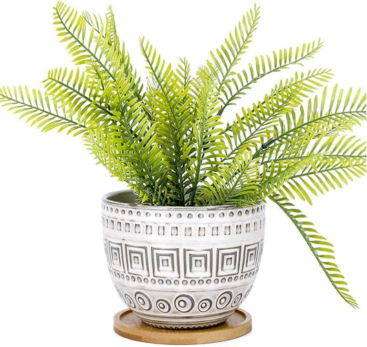 VanEnjoy 5.5 inch Large Round Bohemian Style Ceramic Planter, Geometry Engrave Off White Brown Succulent Planter Flower Pot, Indoor Outdoor Decorative Planter
