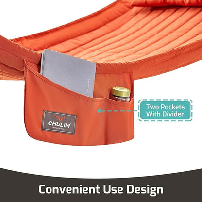 Double Quilted Fabric Hammock with Hardwood Spreader Bars and Pillow 450 LBS Capacity 2 Person Large Hammock for Outdoor Patio Backyard Poolside - Terracotta