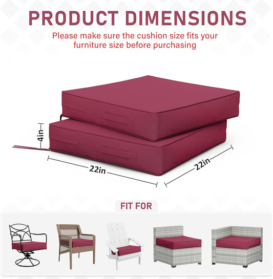 Patio Chair Cushions 22 X 22 X 4 Inch Waterproof Outdoor Seat Cushions for Patio Furniture, Outdoor Sofa Couch Pads with Ties & Handle, Set of 2, Fuchsiared