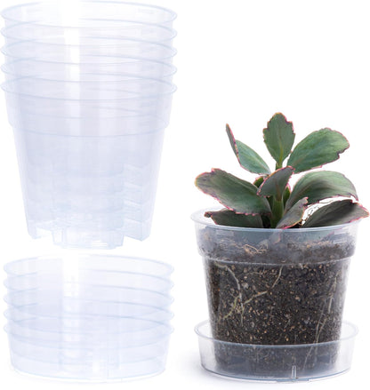4 Inch Clear Plastic Plant Pot with Drainage Holes, Interlocking & Detachable Tray - Deep Saucer - Durable BPA-Free Plastic, Transparent Design, Raised Base for Airflow, Set of 6, 92-X-A-2