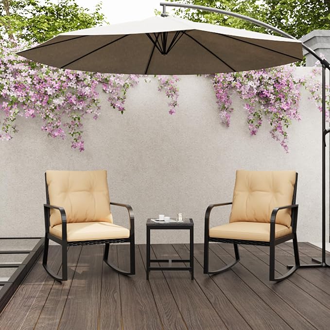 Bistro 3 Piece Patio Furniture Set, Patio Table and Rattan Outdoor Rocking Chairs Set of 2, Outdoor Bistro Conversation Set for Garden, Balcony, Poolside, Backyard, Khaki