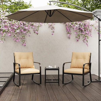 Bistro 3 Piece Patio Furniture Set, Patio Table and Rattan Outdoor Rocking Chairs Set of 2, Outdoor Bistro Conversation Set for Garden, Balcony, Poolside, Backyard, Khaki