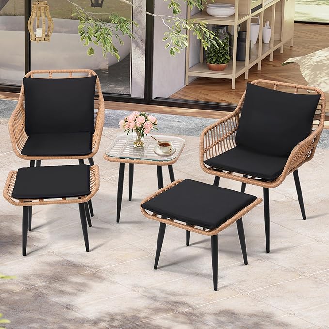 5 Piece Wicker Bistro Patio Conversation Furniture Set, Includes 2 Chairs, 2 Ottomans, and Side Table, Ideal for Porch, Balcony, Deck, Backyard, Natural