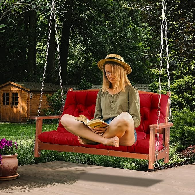 Swing Replacement Cushions with Backrest, 2 or 3 Seater Waterproof Non-Slip Overstuffed Swing Pad, Indoor/Outdoor Bench Cushion for Porch Chair Swings Garden Furniture(Red 40 * 40 in)