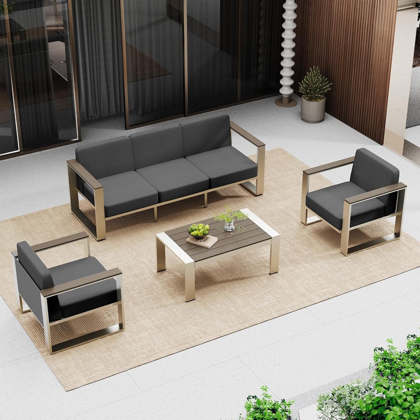 Outdoor Furniture Set, 4 Piece Aluminum Patio Furniture Set with Coffee Table, Wide Seat and Thick Cushions, Outdoor Patio Conversation Sets for Deck, Porch (Darkgray)