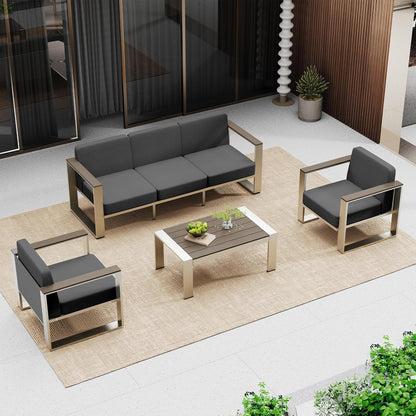 Outdoor Furniture Set, 4 Piece Aluminum Patio Furniture Set with Coffee Table, Wide Seat and Thick Cushions, Outdoor Patio Conversation Sets for Deck, Porch (Darkgray)