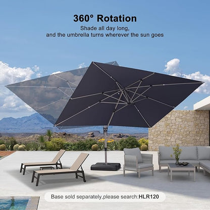 PURPLE LEAF 10' X 13' Patio Umbrella, Rectangle Outdoor Cantilever Umbrella, Aluminum Offset Umbrella with Champagne Frame and 360° Rotation for Pool Deck Garden, Grey