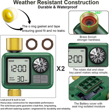 2 PCS Sprinkler Timers Brass, Programmable Water Timer with Rain Delay, Manual& Automatic Watering System for Garden Hose Faucet, Waterproof Irrigation Controller Watering Lawn Evenly& Efficiently