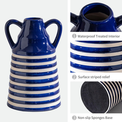 Ceramic Blue and White Checkered Stripes Vase with Handles, Modern Bohemian Floral Navy Blue Vases for Centerpieces, Cottage Core Home Decor, Flower Vases for Bouquet Tabletop Kitchen Bookshelf 8.9 In