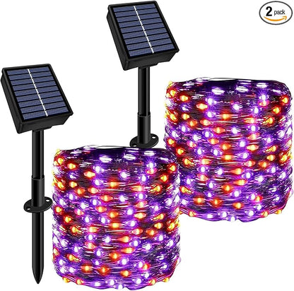 Solar String Lights Outdoor Waterproof 2 Pack Total 66ft 200LED 8 Modes Twinkle Lights Solar Fairy Lights for Patio, Garden Yard Party Tree Christmas Halloween Decoration, Orange + Purple
