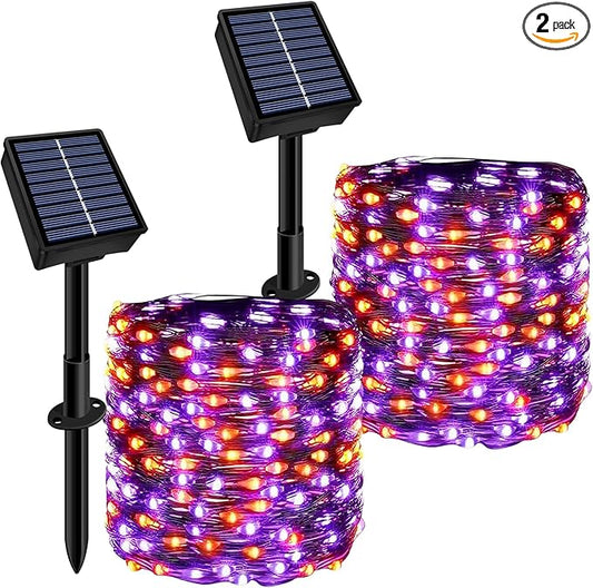 Solar String Lights Outdoor Waterproof 2 Pack Total 66ft 200LED 8 Modes Twinkle Lights Solar Fairy Lights for Patio, Garden Yard Party Tree Christmas Halloween Decoration, Orange + Purple