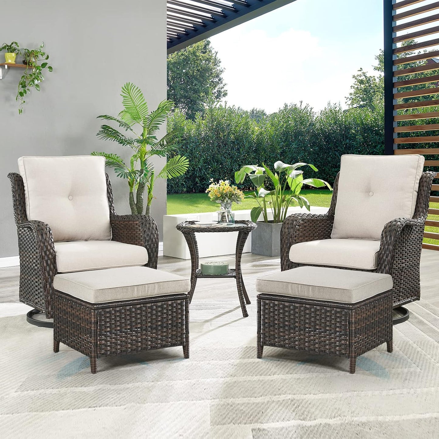 Outdoor Wicker Patio Furniture Set - 5 Pieces Rattan Patio Conversation Set with 2 Rocking Swivel Chairs,2 Ottomans and 1 Side Table for Porch Deck Backyard Garden(Brown/Beige)