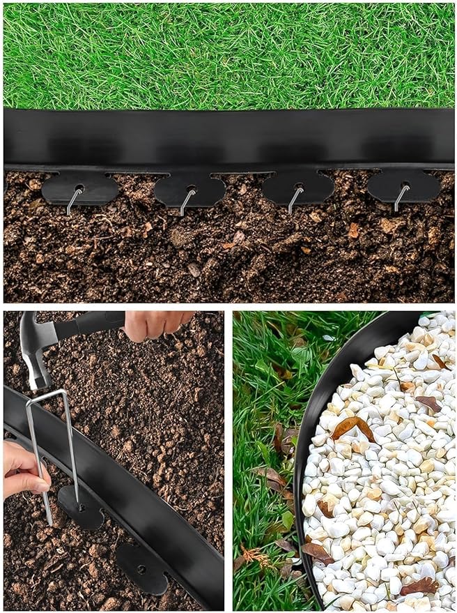 Kalolary Landscape Edging, 40FT x 4 Inch Tall Plastic Garden Lawn Edging Border with 36 U Spikes, 3 Connector for Landscaping Garden, Flower Beds (Black)