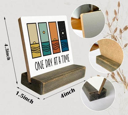 Primitive Wooden Sign, One Day at A Time, Desk Plaque with Wooden Stand 4 x 4.3 inches, Modern Decoration, Farmhouse Table Plaque Signs, Rustic Home Decor Plaque, Inspirational Sign, Uplifting Gift A