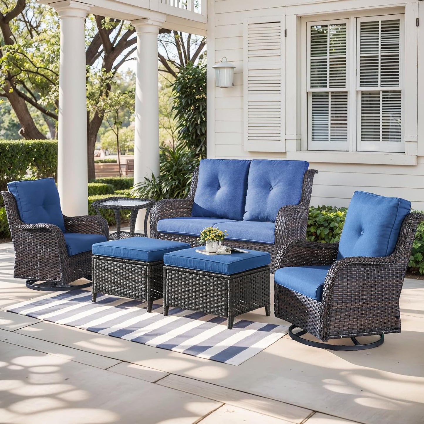 Outdoor Wicker Patio Furniture Set - 6 Piece Rattan Patio Conversation Set with 2 Rocking Swivel Chairs,2 Ottomans,1 Loveseat and 1 Side Table for Porch Deck Backyard Garden(Brown/Blue)